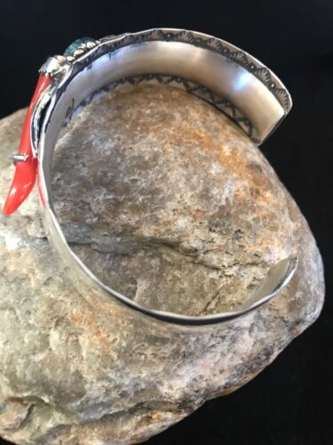 Navajo Spiderweb Turquoise & Coral Bracelet | Sterling Silver | Authentic Native American Handmade | 8366