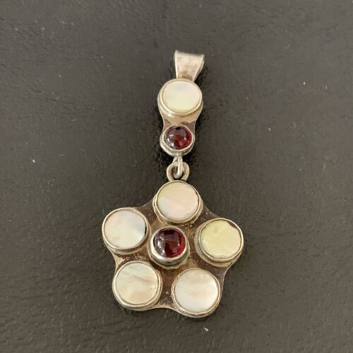 Old Pawn Vintage Multi-Stone Flower Pendant | Sterling Silver | Mother of Pearl & Garnet Dangle | 1186