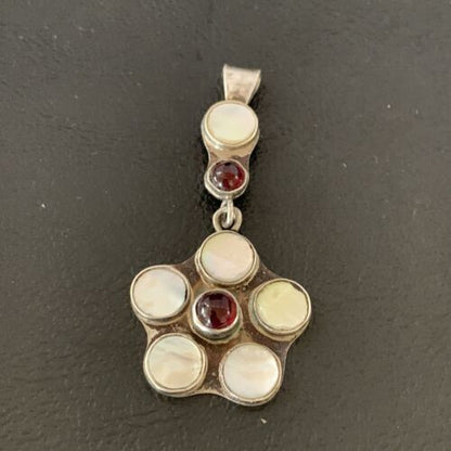 Old Pawn Vintage Multi-Stone Flower Pendant | Sterling Silver | Mother of Pearl & Garnet Dangle | 1186