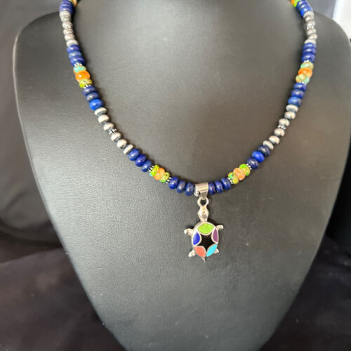 Navajo Green Turquoise and Lapis Inlay Pendant Necklace | Sterling Silver | Authentic Native American Handmade | 14616