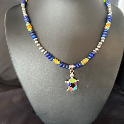 Navajo Green Turquoise and Lapis Inlay Pendant Necklace | Sterling Silver | Authentic Native American Handmade | 14616