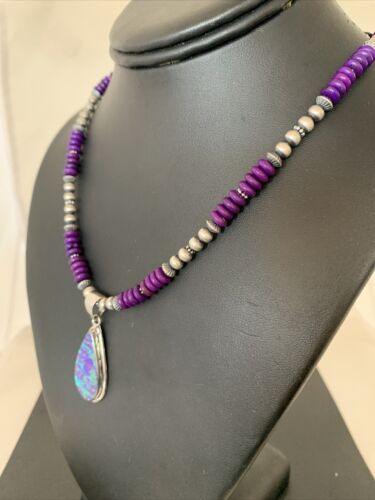 Navajo Purple Sugilite Necklace with Faux Opal Pendant | Sterling Silver | Authentic Native American Handmade | 01916