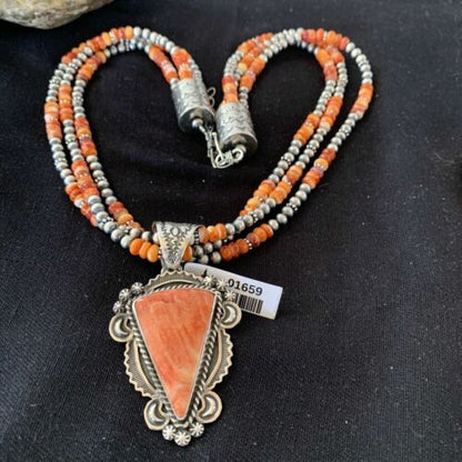Navajo Red Spiny Oyster Pendant | Sterling Silver | Native American Handmade | Multi-Strand Necklace | 1659