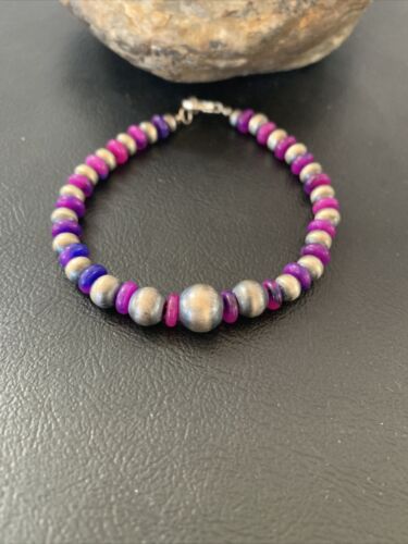Navajo Purple Stabilized Sugilite Bead Bracelet | Sterling Silver | 8" | Authentic Native American Handmade | 01966
