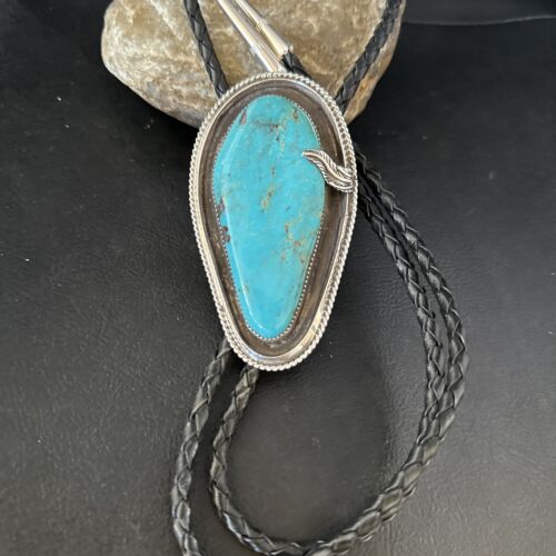 Native American Men's Bolo Tie | Blue Kingman Turquoise | Sterling Silver | Navajo Handmade | 14525