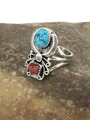 Navajo Southwestern Blue Turquoise & Coral Ring | Authentic Native American Sterling Silver | Multi-Stone | Sz 9.5 | 4857