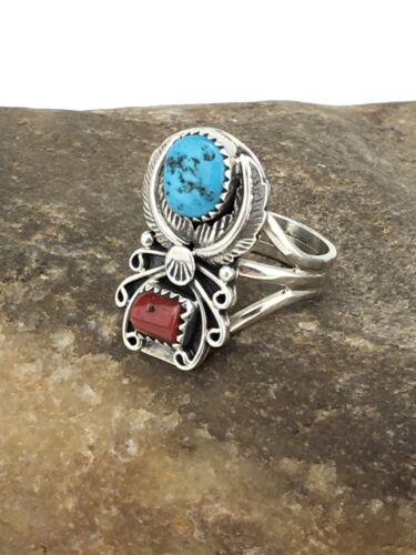 Navajo Southwestern Blue Turquoise & Coral Ring | Authentic Native American Sterling Silver | Multi-Stone | Sz 9.5 | 4857