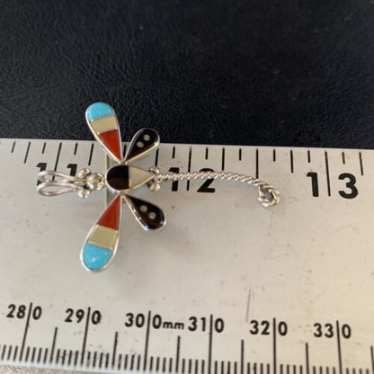 Zuni Turquoise Mother of Pearl Inlay Dragonfly Necklace Pin Pendant | Sterling Silver | 12321