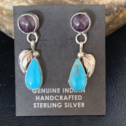 Navajo Sterling Silver Dangle Earrings | Purple Sugilite & Blue Turquoise | Leaf Design | 13444