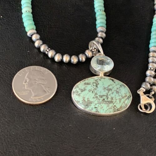 Navajo Pearls Necklace with Blue Spiderweb Turquoise Pendant | Sterling Silver | 13910