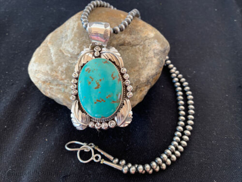 Navajo Pearls Necklace with Kingman Turquoise Pendant | Sterling Silver | Authentic Native American Handmade | 809