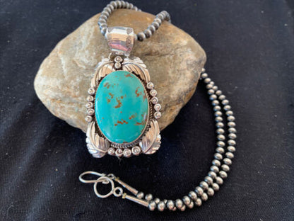 Navajo Pearls Necklace with Kingman Turquoise Pendant | Sterling Silver | Authentic Native American Handmade | 809