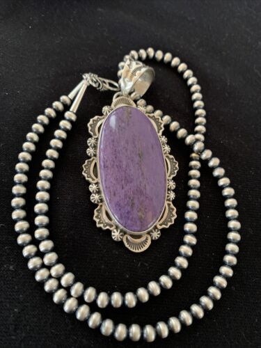 Southwestern Navajo Pearls Necklace | Sterling Silver Charoite Pendant | Authentic Native American Handmade | 1279