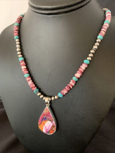 Navajo Pearls Necklace with Turquoise & Purple Spiny Oyster Pendant | Sterling Silver | 13293