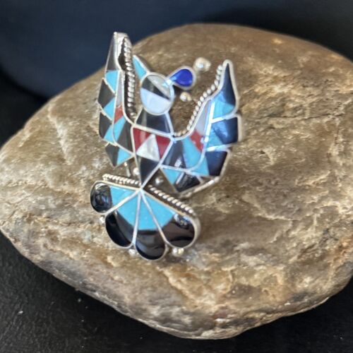 Zuni Peyote Bird Ring | Sterling Silver Turquoise Onyx Mother of Pearl Inlay | Sz 7.5 | 14448