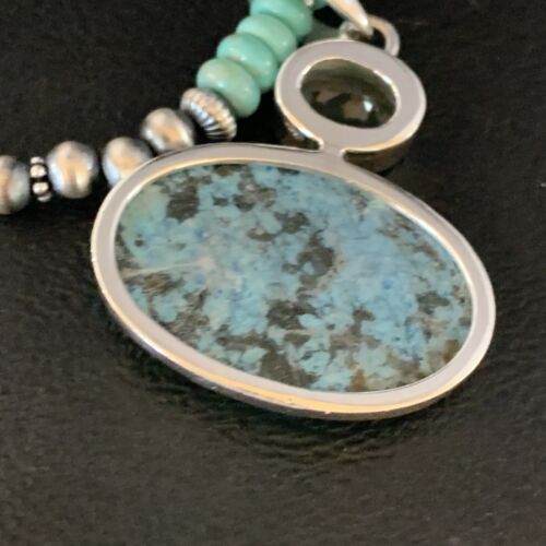 Navajo Pearls Necklace with Blue Spiderweb Turquoise Pendant | Sterling Silver | 13910