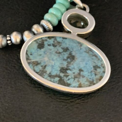 Navajo Pearls Necklace with Blue Spiderweb Turquoise Pendant | Sterling Silver | 13910