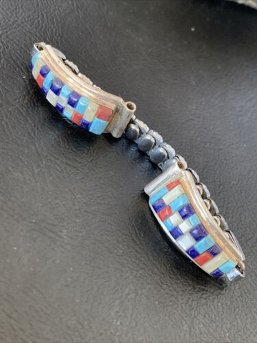 Navajo Sterling Silver Watch Tips with Turquoise, Coral & Mother of Pearl Inlay Band | Authentic Native American Jewelry | 12138