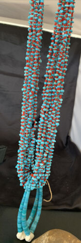 Southwestern Santo Domingo Red Coral Blue Turquoise Necklace | 10 Strand | 40" | 12046