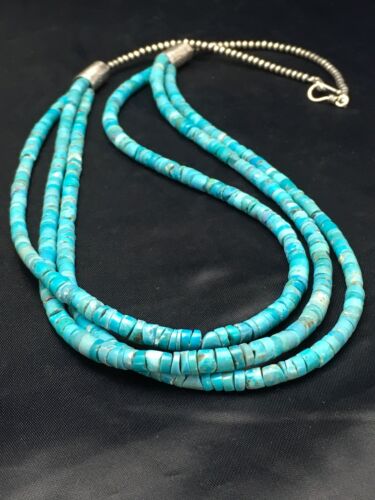 Navajo Turquoise Heishi 3 Strand Necklace | Sterling Silver | Authentic Native American Handmade | 2583