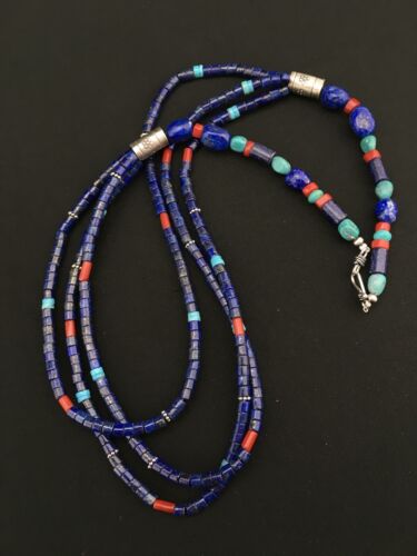 Southwestern Navajo Lapis Turquoise Necklace | 3-Strand | Sterling Silver | 24" | 1361