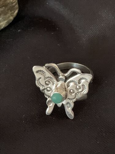 Navajo Blue Turquoise Butterfly Ring | Sterling Silver | Sz Adj 7 | Authentic Native American Handmade | 10676