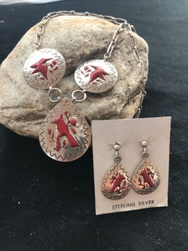 Zuni Cardinal Coral Necklace Set | Vintage Old Pawn Sterling Silver Pendant & Earrings | Native American Handmade | 1133