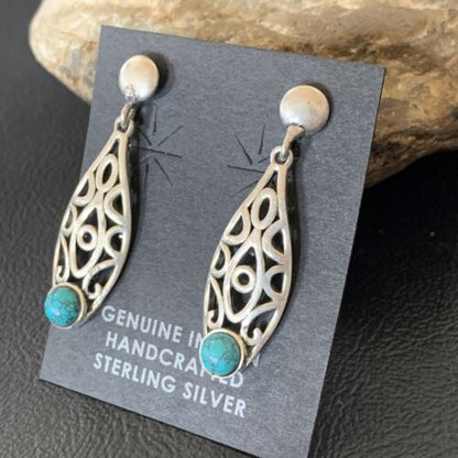 Navajo Blue Turquoise Dangle Post Earrings | Sterling Silver | 1" | Authentic Native American Handmade | 12759