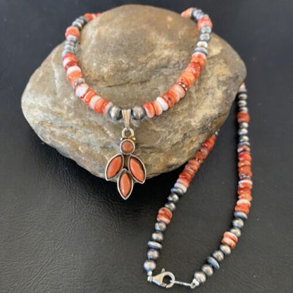 Navajo Pearl Necklace with Red Apple Coral, Spiny Oyster Pendant | Authentic Native American Sterling Silver | Multi-Stone | 12388
