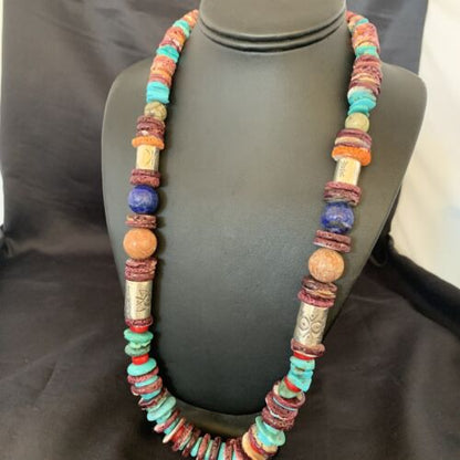 Navajo Turquoise Spiny Oyster Coral Lapis Necklace | Sterling Silver | 24" | 10824