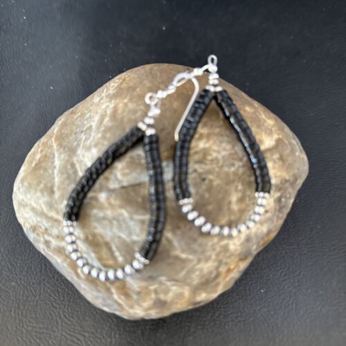 Native American Black Onyx Dangle Earrings | Sterling Silver Heishi Bead | 2" | 14427