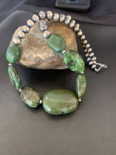 Navajo Chunky Graduated Natural Green Turquoise Necklace | Sterling Silver | Authentic Native American | 18" | 11770