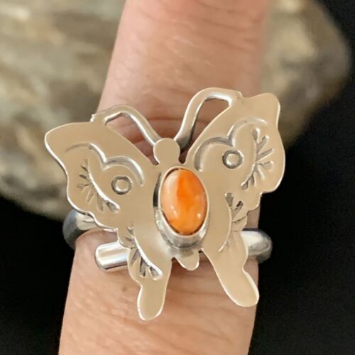 Navajo Orange Spiny Oyster Butterfly Ring | Sterling Silver | Sz Adj 8 | Authentic Native American Handmade | 10344