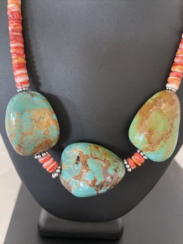 Chunky Turquoise and Red Spiny Oyster Necklace | Navajo Pearls | Sterling Silver | 22" | Native American Handmade | 1238 - Masha USA