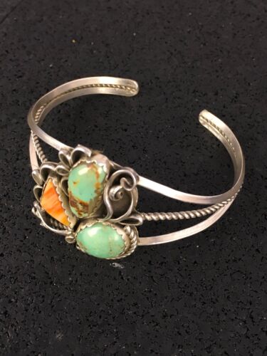 Southwestern Spiny Oyster & Turquoise Bracelet | Navajo Sterling Silver | Authentic Native American Handmade | 8842