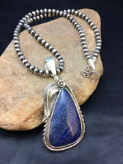 Men's Sterling Silver Navajo Pearls Necklace with Denim Lapis Pendant | Authentic Native American Handmade | 1006