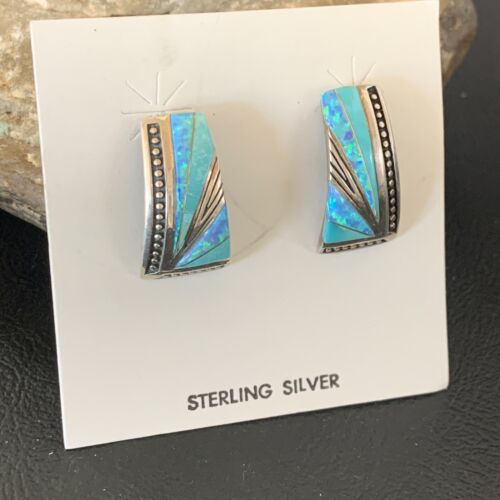 Navajo Blue Opal Turquoise Inlay Earrings | Sterling Silver | Authentic Native American Handmade | 12116