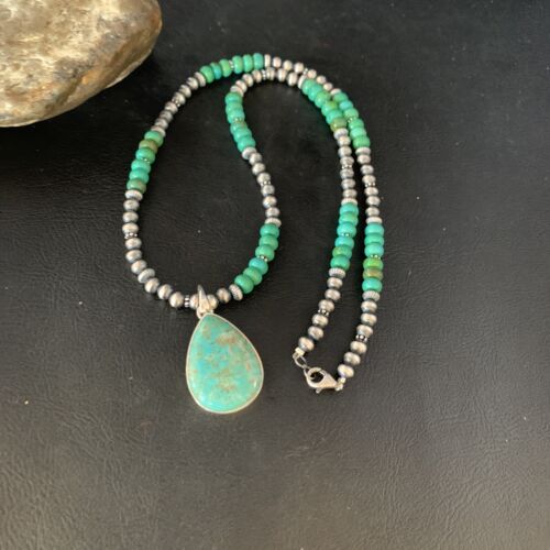 Navajo Pearl Green Royston Turquoise Pendant Necklace | Sterling Silver | 21" | Authentic Native American Handmade | 13911