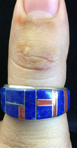 Navajo Multi-Stone Lapis Coral Inlay Ring | Sterling Silver | Sz 9.75 | Authentic Native American Handmade | 10102