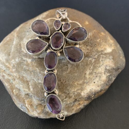 Large Dragonfly Pendant 3"| Faceted Amethyst Gems Cluster | Multi-Stone Sterling Silver| 12737