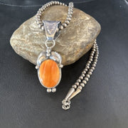 Navajo Orange Spiny Oyster Pendant Necklace | Sterling Silver | Authentic Native American Handmade | 14685