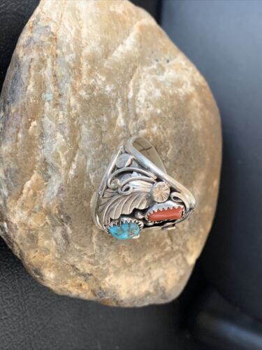 Navajo Blue Kingman Turquoise & Coral Feather Ring | Authentic Native American Sterling Silver | Multi-Stone | Sz 10 | 12218