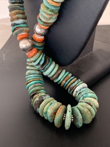 Navajo Graduated Green Turquoise Necklace | Sterling Silver |Authentic Native American | 21" | 00798