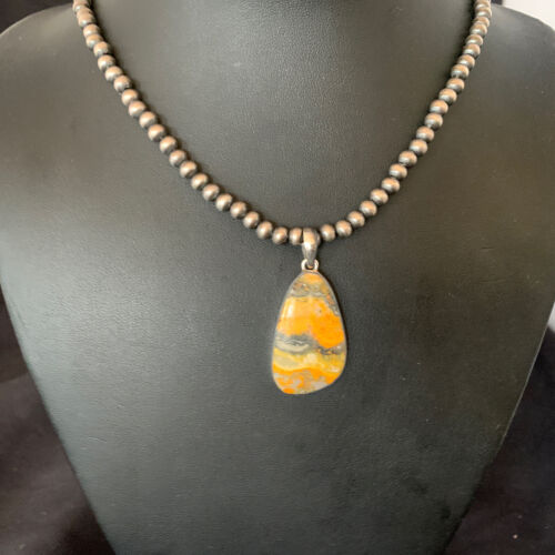Navajo Yellow Bumblebee Jasper Pendant Necklace | Sterling Silver | Authentic Native American Handmade | 12812