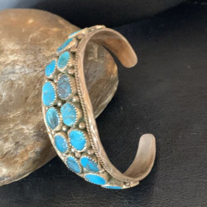 Navajo Blue Kingman Turquoise Cuff Bracelet | 2 Row | 16 Stone | Sterling Silver | Authentic Native American Handmade | 12691