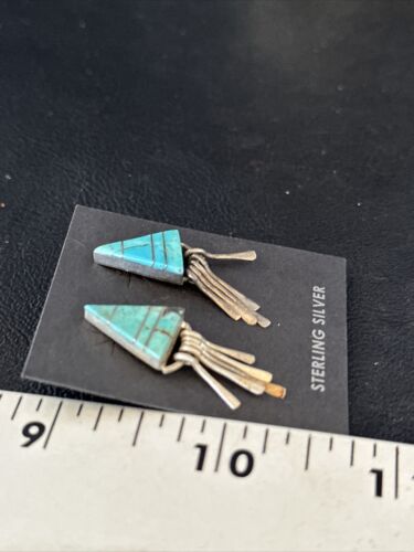 Navajo Blue Turquoise Inlay Earrings | Sterling Silver | 1" | Authentic Native American Handmade | 14774