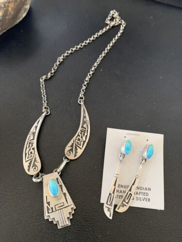 Native American Hopi Blue Kingman Turquoise Necklace & Earrings Set | Sterling Silver | 2101