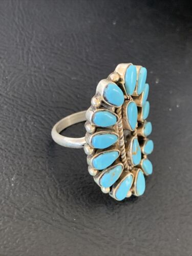 Navajo Blue Cluster Turquoise Needlepoint Ring | Authentic Native American Sterling Silver | Multi-Stone | Sz 8 | 11941