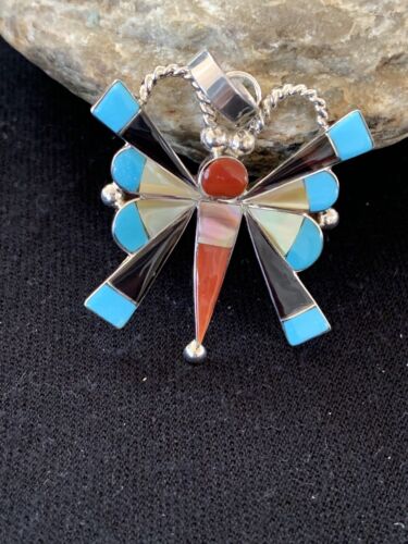 Zuni Turquoise Spiny Oyster Mother of Pearl Butterfly Necklace Pin Pendant | Inlay | Sterling Silver | 1367