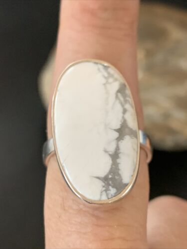 Navajo White Howlite Ring | Sterling Silver | Sz 8.5 | Authentic Native American Handmade | 11611